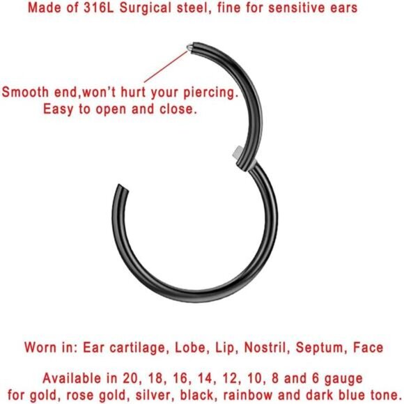 Men Women 316L Surgical Steel Hinged Nose Rings Hoop for Nostril Septum - Picture 2 of 7